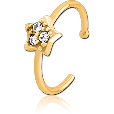 GOLD PVD COATED SURGICAL STEEL JEWELLED OPEN NOSE RING - STAR PRONGS
