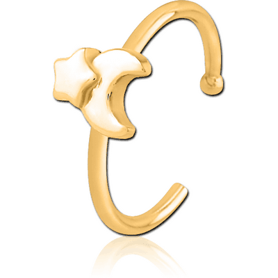 GOLD PVD COATED SURGICAL STEEL OPEN NOSE RING - CRESCENT AND STAR