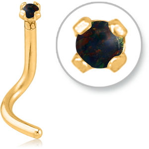 GOLD PVD COATED SURGICAL STEEL CURVED PRONG SET 1.5MM JEWELLED NOSE STUD WITH SYNTHETIC OPAL