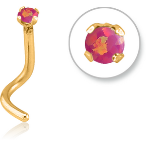 GOLD PVD COATED SURGICAL STEEL CURVED PRONG SET 2MM JEWELLED NOSE STUD WITH SYNTHETIC OPAL