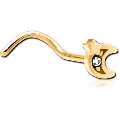 GOLD PVD COATED SURGICAL STEEL CURVED JEWELLED NOSE STUD