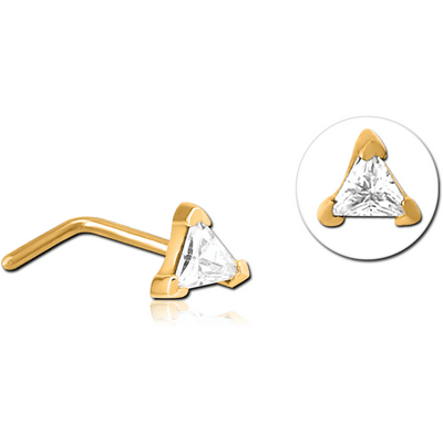GOLD PVD COATED SURGICAL STEEL 90 DEGREE JEWELLED NOSE STUD - TRIANGLE