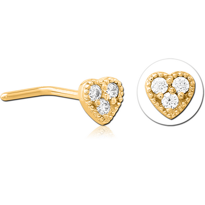 GOLD PVD COATED SURGICAL STEEL 90 DEGREE JEWELLED NOSE STUD - HEART