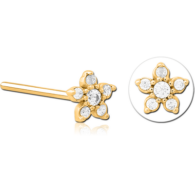 GOLD PVD COATED SURGICAL STEEL STRAIGHT JEWELLED NOSE STUD - FLOWER