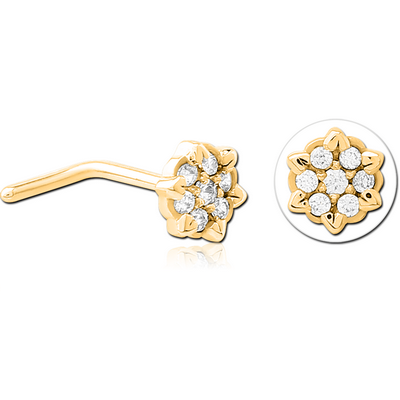 GOLD PVD COATED SURGICAL STEEL 90 DEGREE JEWELLED NOSE STUD - FLOWER