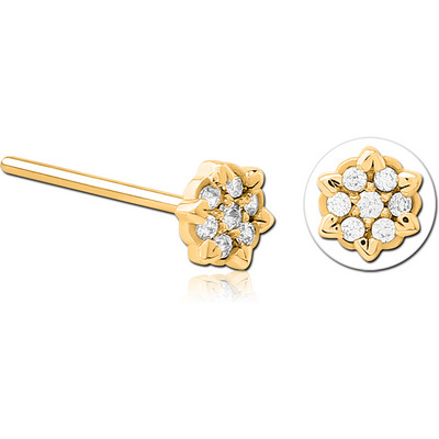 GOLD PVD COATED SURGICAL STEEL STRAIGHT JEWELLED NOSE STUD - FLOWER