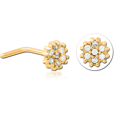 GOLD PVD COATED SURGICAL STEEL 90 DEGREE JEWELLED NOSE STUD - FLOWER