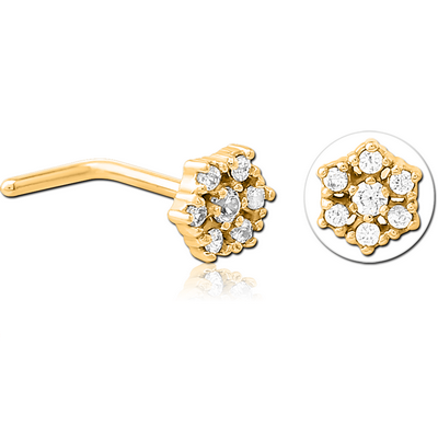 GOLD PVD COATED SURGICAL STEEL 90 DEGREE JEWELLED NOSE STUD - FLOWER