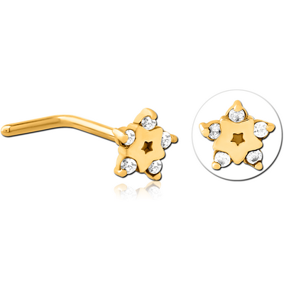 GOLD PVD COATED SURGICAL STEEL 90 DEGREE JEWELLED NOSE STUD