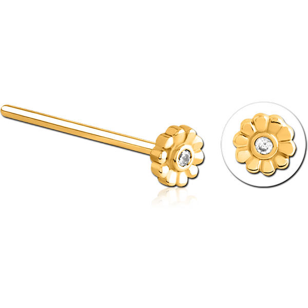 GOLD PVD COATED SURGICAL STEEL STRAIGHT JEWELLED NOSE STUD