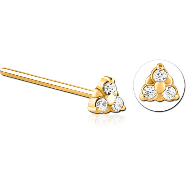 GOLD PVD COATED SURGICAL STEEL STRAIGHT JEWELLED NOSE STUD