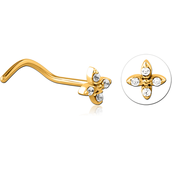 GOLD PVD COATED SURGICAL STEEL CURVED JEWELLED NOSE STUD