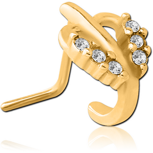 GOLD PVD COATED SURGICAL STEEL 90 DEGREE JEWELLED WRAP AROUND NOSE STUD - HEART