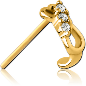 GOLD PVD COATED SURGICAL STEEL STRAIGHT JEWELLED WRAP AROUND NOSE STUD