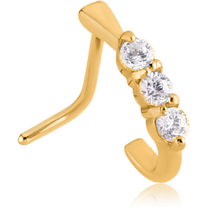 GOLD PVD COATED SURGICAL STEEL 90 DEGREE JEWELLED WRAP AROUND NOSE STUD - THREE GEMS ROUND