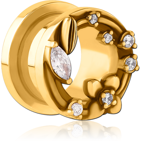 GOLD PVD COATED STAINLESS STEEL THREADED TUNNEL WITH SURGICAL STEEL JEWELLED TOP