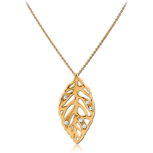 GOLD PVD COATED SURGICAL STEEL JEWELLED NECKLACE WITH PENDANT - LEAF