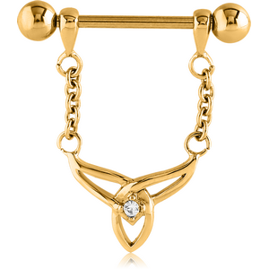 GOLD PVD COATED SURGICAL STEEL JEWELLED NIPPLE SHIELD - TRIQUETRA WITH CHAIN