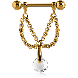 GOLD PVD COATED SURGICAL STEEL JEWELLED NIPPLE SHIELD - CHAIN AND ROUND BALL