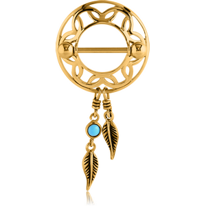 GOLD PVD COATED SURGICAL STEEL TURQUOISE DREAMCATCHER WITH FEATHERS NIPPLE SHIELD