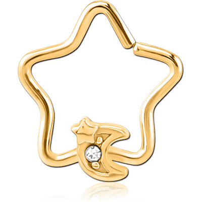 GOLD PVD COATED SURGICAL STEEL JEWELLED OPEN STAR SEAMLESS RING - CRESCENT AND STAR