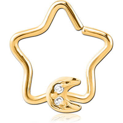 GOLD PVD COATED SURGICAL STEEL JEWELLED OPEN STAR SEAMLESS RING - CRESCENT PRONGS