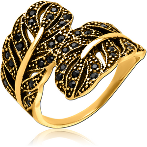 GOLD PVD COATED SURGICAL STEEL JEWELLED RING - TWO LEAF