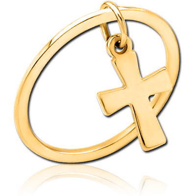GOLD PVD COATED SURGICAL STEEL RING WITH HANGING CHARM - CROSS