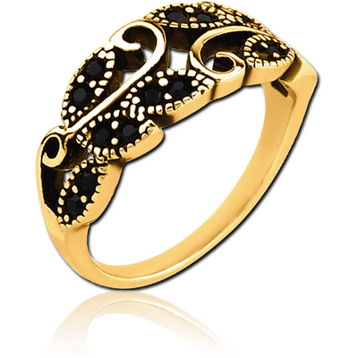 GOLD PVD COATED SURGICAL STEEL JEWELLED RING - FANCY LEAF