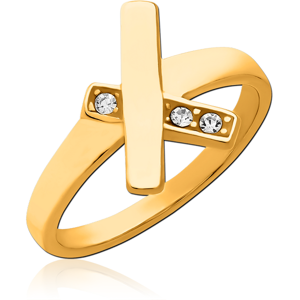 GOLD PVD COATED SURGICAL STEEL JEWELLED RING - CROSS LINES