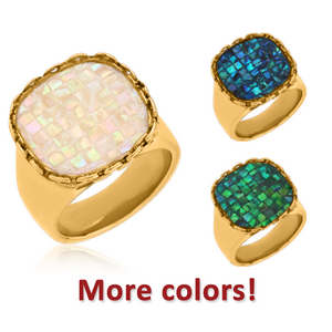 GOLD PVD COATED SURGICAL STEEL SYNTHETIC MOTHER OF PEARL MOSAIC RING
