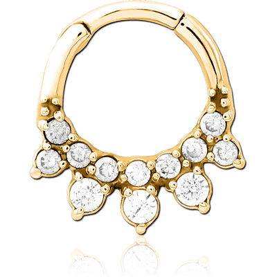 GOLD PVD COATED SURGICAL STEEL JEWELLED HINGED SEPTUM CLICKER RING