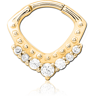 GOLD PVD COATED SURGICAL STEEL JEWELLED HINGED SEPTUM CLICKER RING