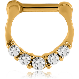 GOLD PLATED SURGICAL STEEL ROUND JEWELED HINGED SEPTUM CLICKER RING