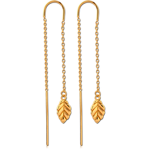 STERLING SILVER 925 GOLD PVD COATED CHAIN EARRINGS PAIR - LEAF