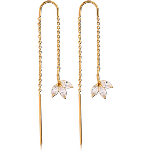 STERLING SILVER 925 GOLD PVD COATED JEWELLED CHAIN EARRINGS PAIR - LEAF