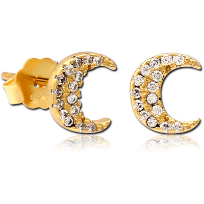 STERLING SILVER 925 GOLD PVD COATED JEWELLED EAR STUDS PAIR - CRESCENT