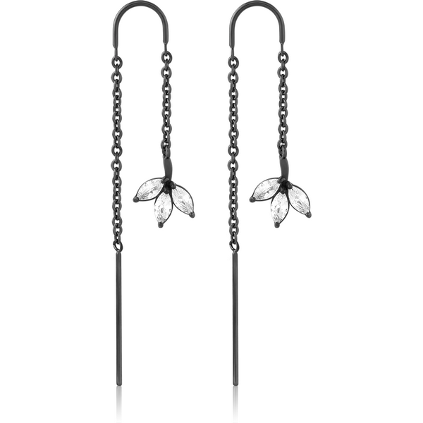 HEMETITE PVD COATED SURGICAL STEEL CHAIN JEWELLED EARRINGS PAIR - LEAF