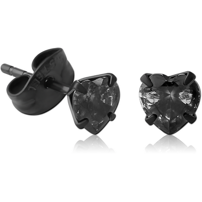 HEMETITE PVD COATED SURGICAL STEEL HEART PRONG SET JEWELLED EAR STUDS PAIR