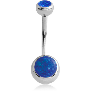 SURGICAL STEEL INTERNALLY THREADED DOUBLE JEWELLED NAVEL BANANA WITH SYNTHETIC OPAL