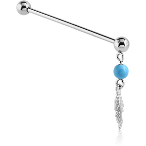 SURGICAL STEEL INDUSTRIAL BARBELL WITH WHITE METAL CHARM AND BEAD