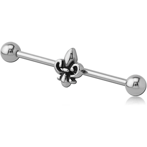 SURGICAL STEEL INDUSTRIAL BARBELL WITH ADJUSTABLE SLIDING CHARM - FLEUR DE LIS