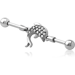 SURGICAL STEEL INDUSTRIAL BARBELL JEWELLED CHARM - DOLPHIN