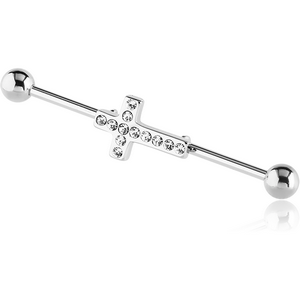 SURGICAL STEEL INDUSTRIAL BARBELL WITH JEWELLED CROSS