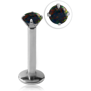 SURGICAL STEEL INTERNALLY THREADED LABRET WITH PRONG SET ROUND SYNTHETIC OPAL ATTACHMENT