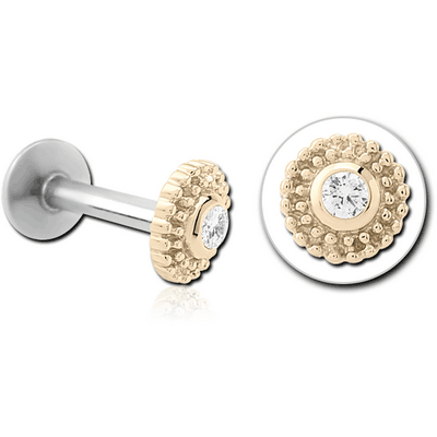 14K GOLD JEWELLED ATTACHMENT WITH SURGICAL STEEL INTERNALLY THREADED MICRO LABRET PIN