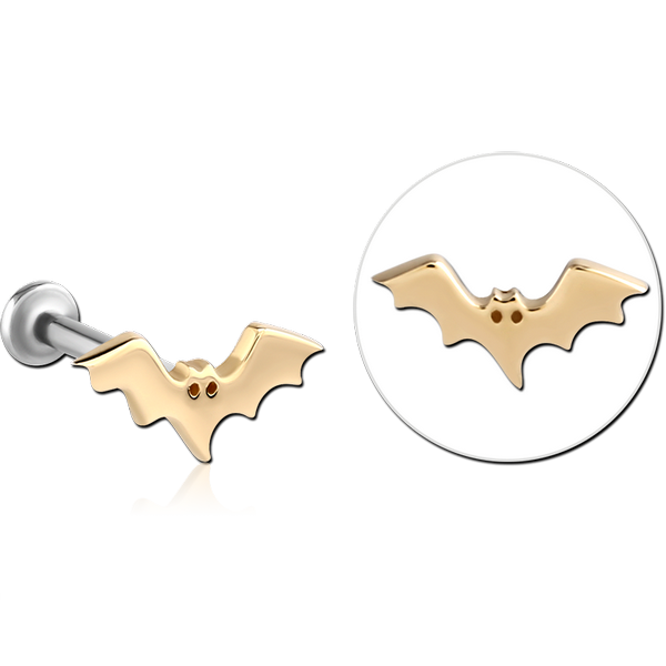14K GOLD ATTACHMENT WITH SURGICAL STEEL INTERNALLY THREADED MICRO LABRET PIN - BAT RIGHT