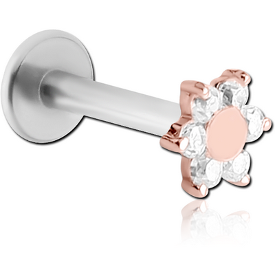 14K ROSE GOLD JEWELLED ATTACHMENT WITH SURGICAL STEEL INTERNALLY THREADED MICRO LABRET PIN -FLOWER