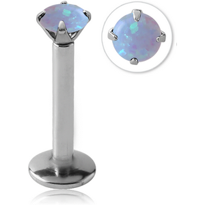 SURGICAL STEEL INTERNALLY THREADED MICRO LABRET WITH PRONG SET ROUND SYNTHETIC OPAL ATTACHMENT