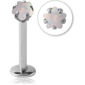 SURGICAL STEEL INTERNALLY THREADED MICRO LABRET WITH PRONG SET STAR SYNTHETIC OPAL ATTACHMENT